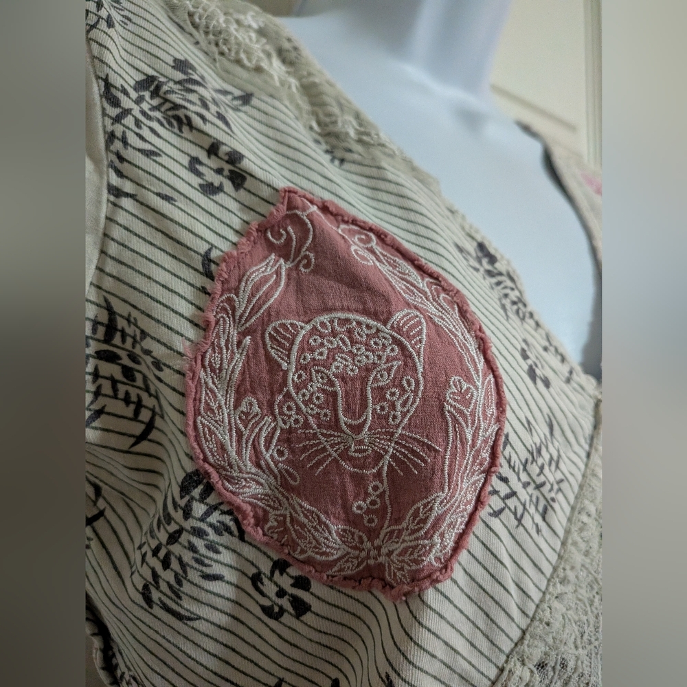 Free People Cream & Green Mixed-Print Ballerina Patchwork Blouse - Picture 6 of 12